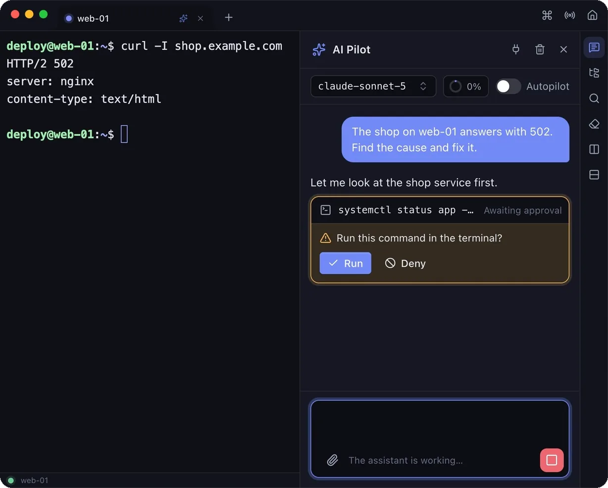 AI Pilot waiting for approval of a command, with the buttons Run and Deny