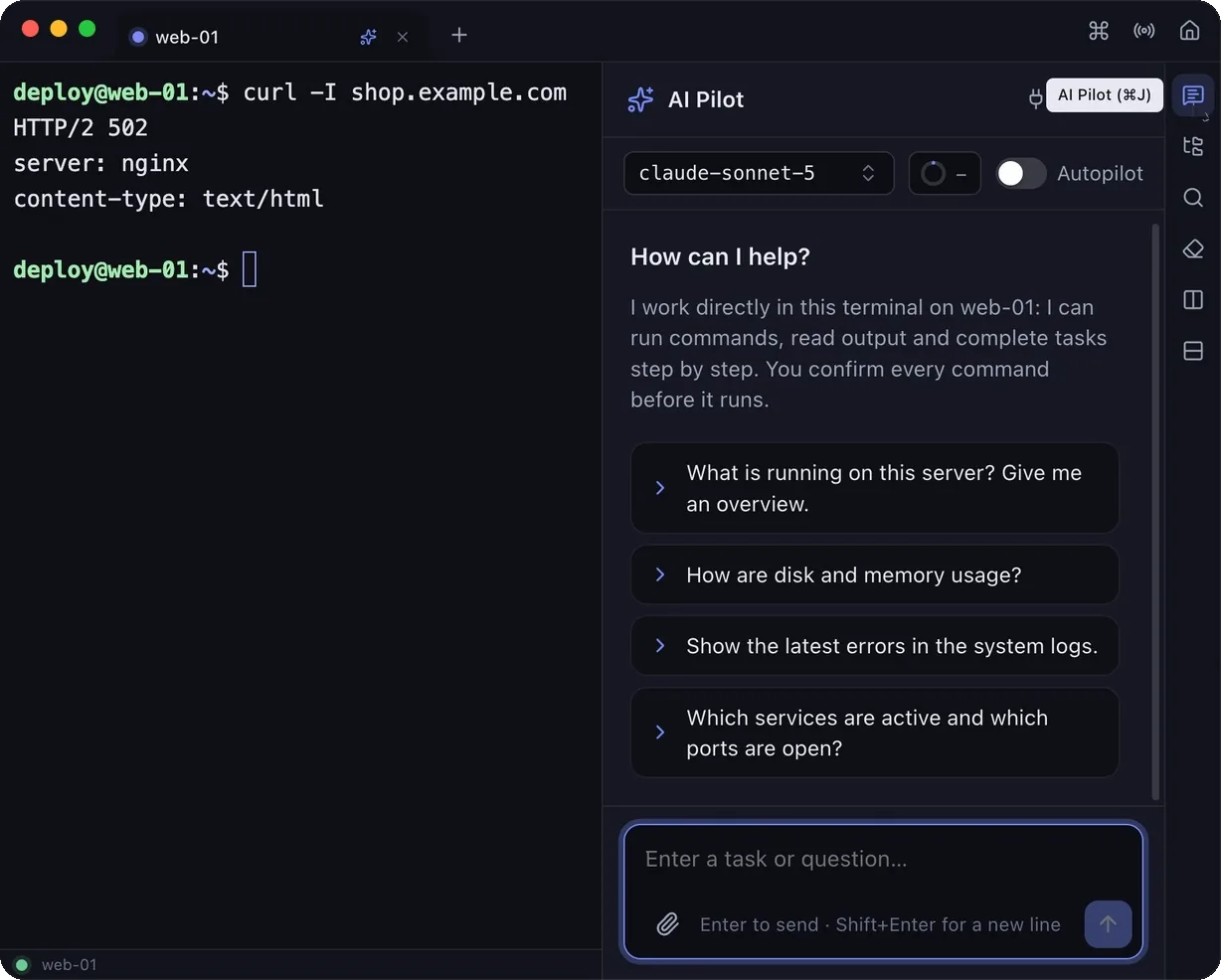 The AI Pilot panel with an empty chat: How can I help?, a short introduction and four suggestions