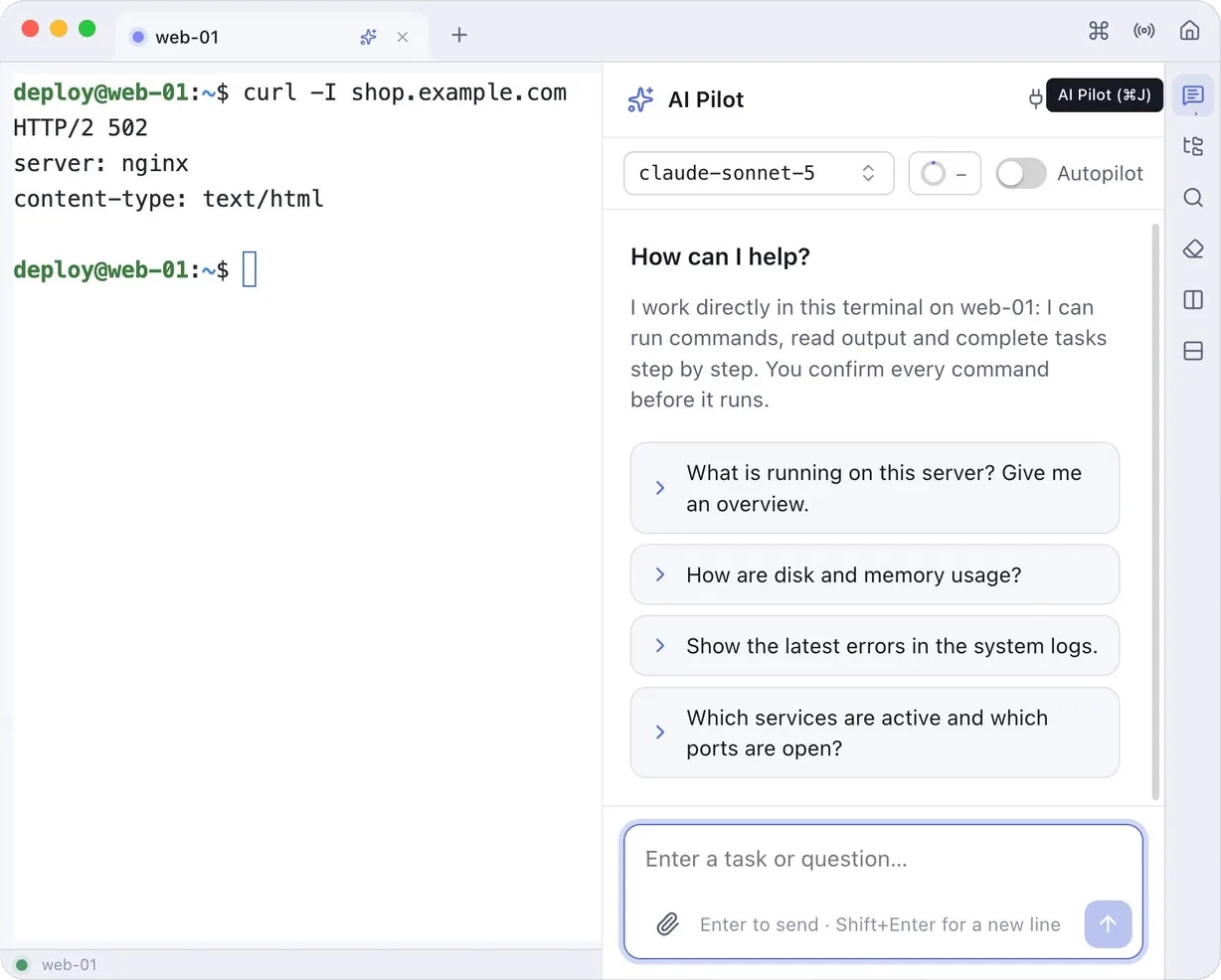 The AI Pilot panel with an empty chat: How can I help?, a short introduction and four suggestions