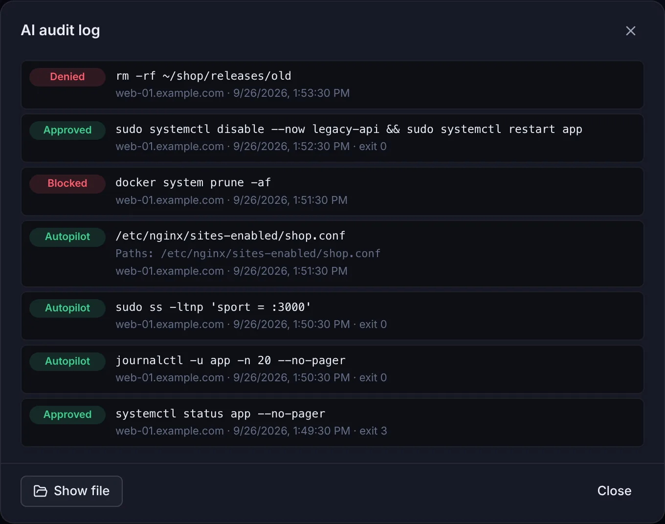 The AI audit log dialog with a list of entries
