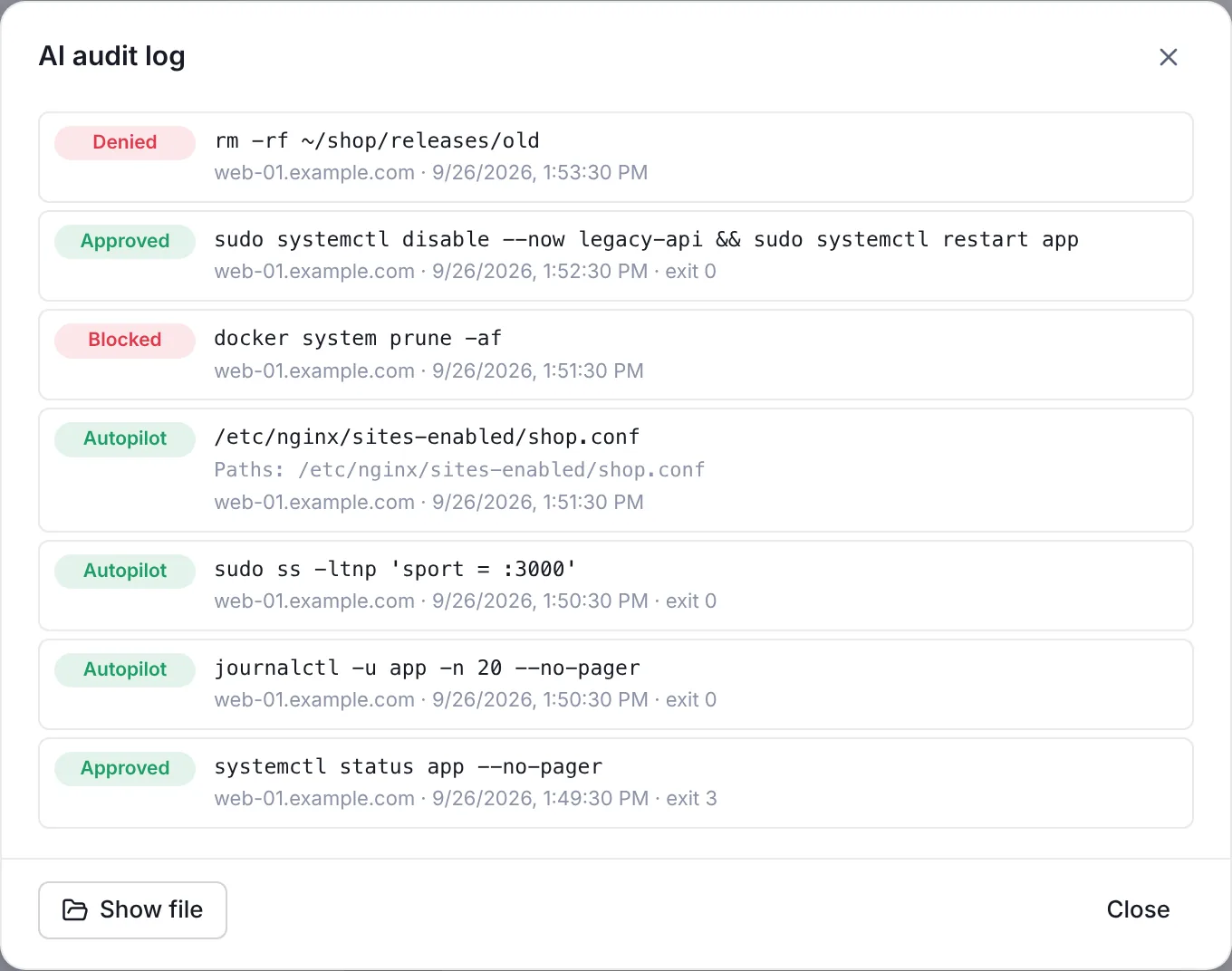 The AI audit log dialog with a list of entries