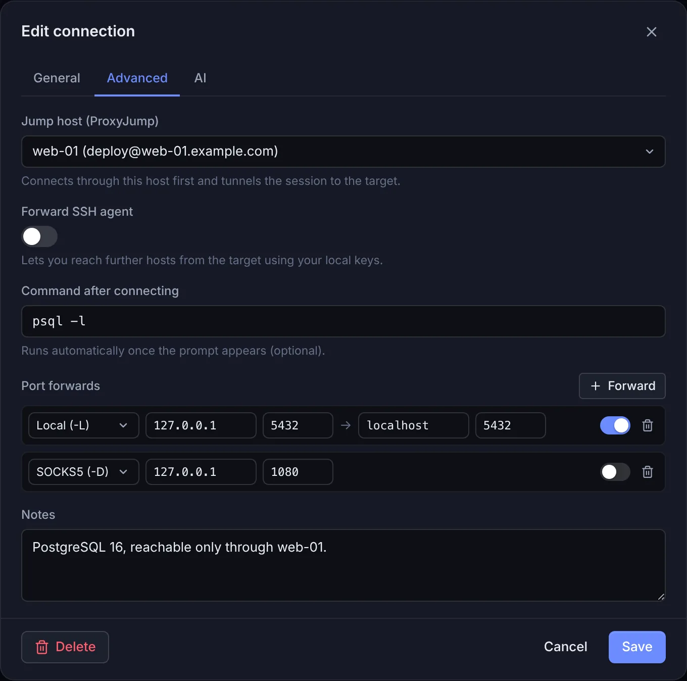 The Advanced tab of an SSH connection with jump host, agent forwarding, command after connecting, port forwards and notes