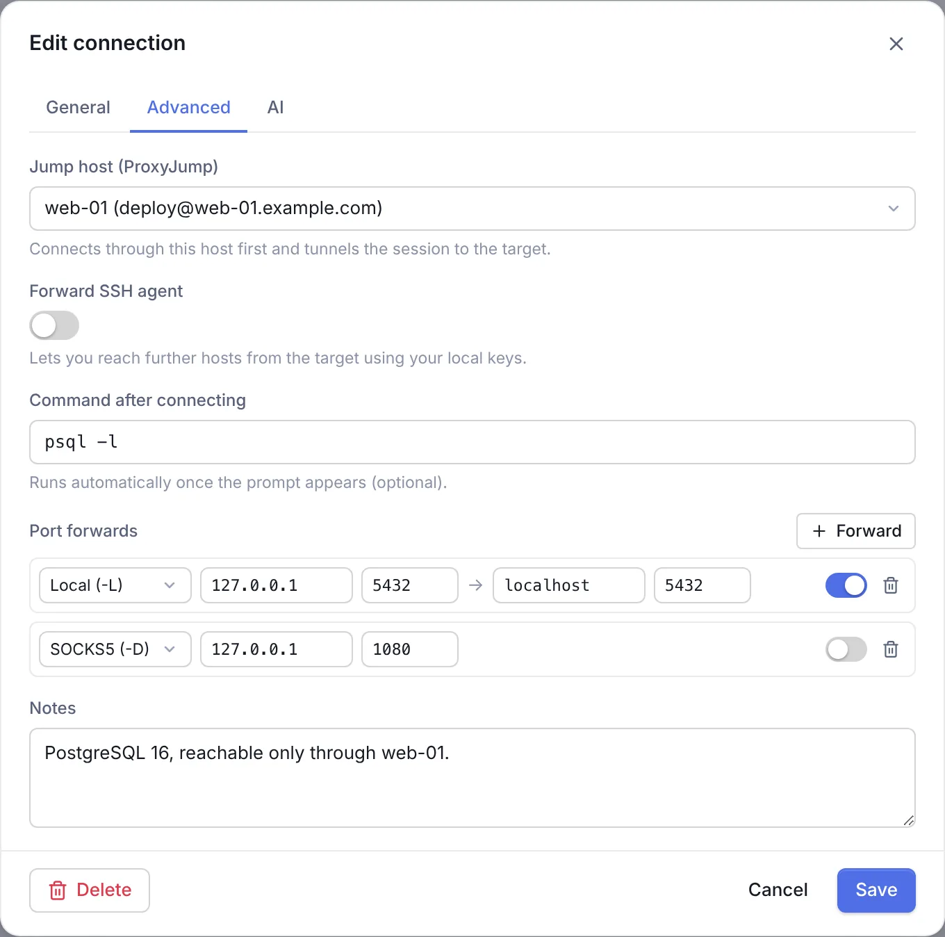 The Advanced tab of an SSH connection with jump host, agent forwarding, command after connecting, port forwards and notes