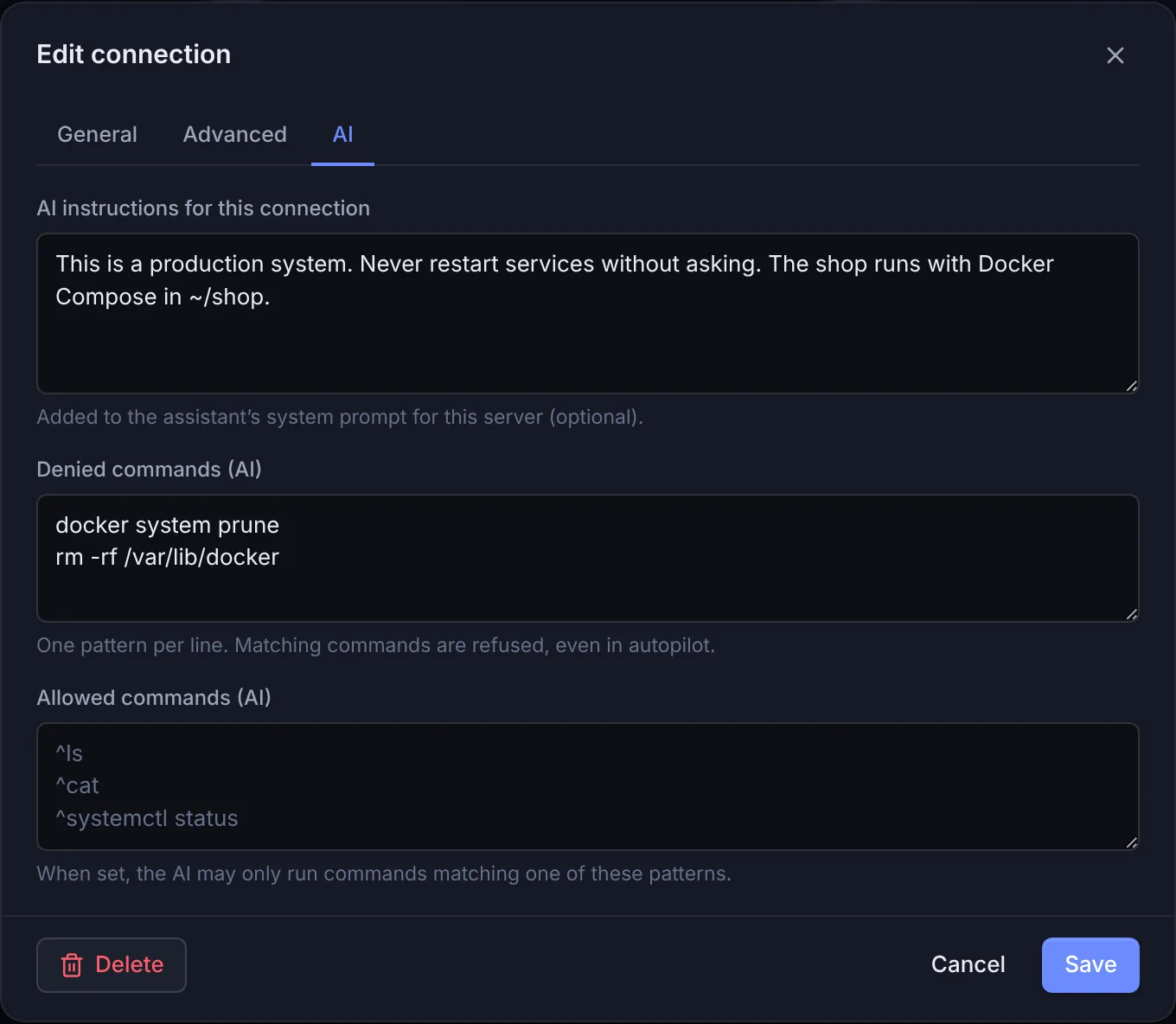The AI tab of the connection dialog with AI instructions, denied commands and allowed commands