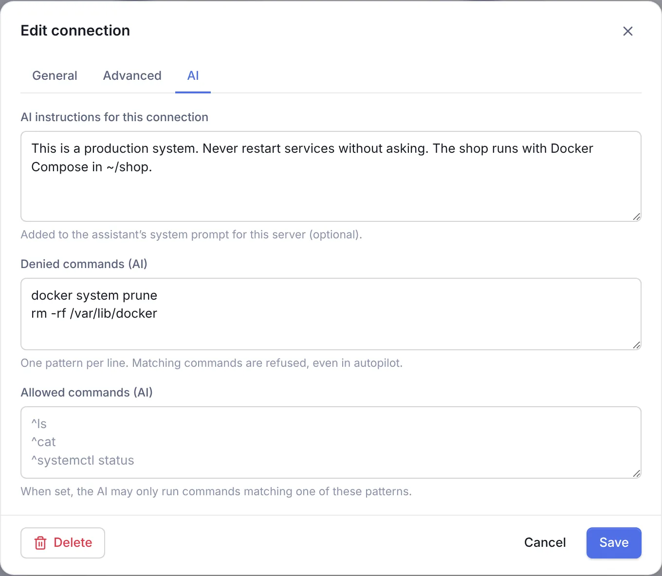The AI tab of the connection dialog with AI instructions, denied commands and allowed commands