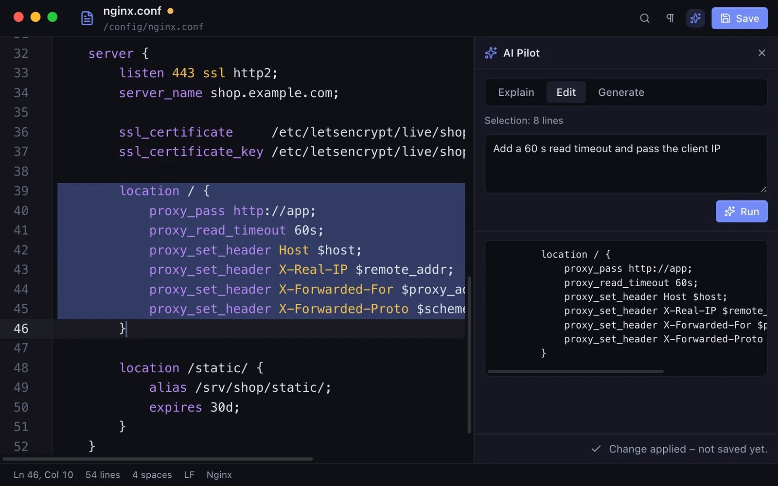 The editor window with a configuration file, syntax highlighting and the AI Pilot assistant on the right