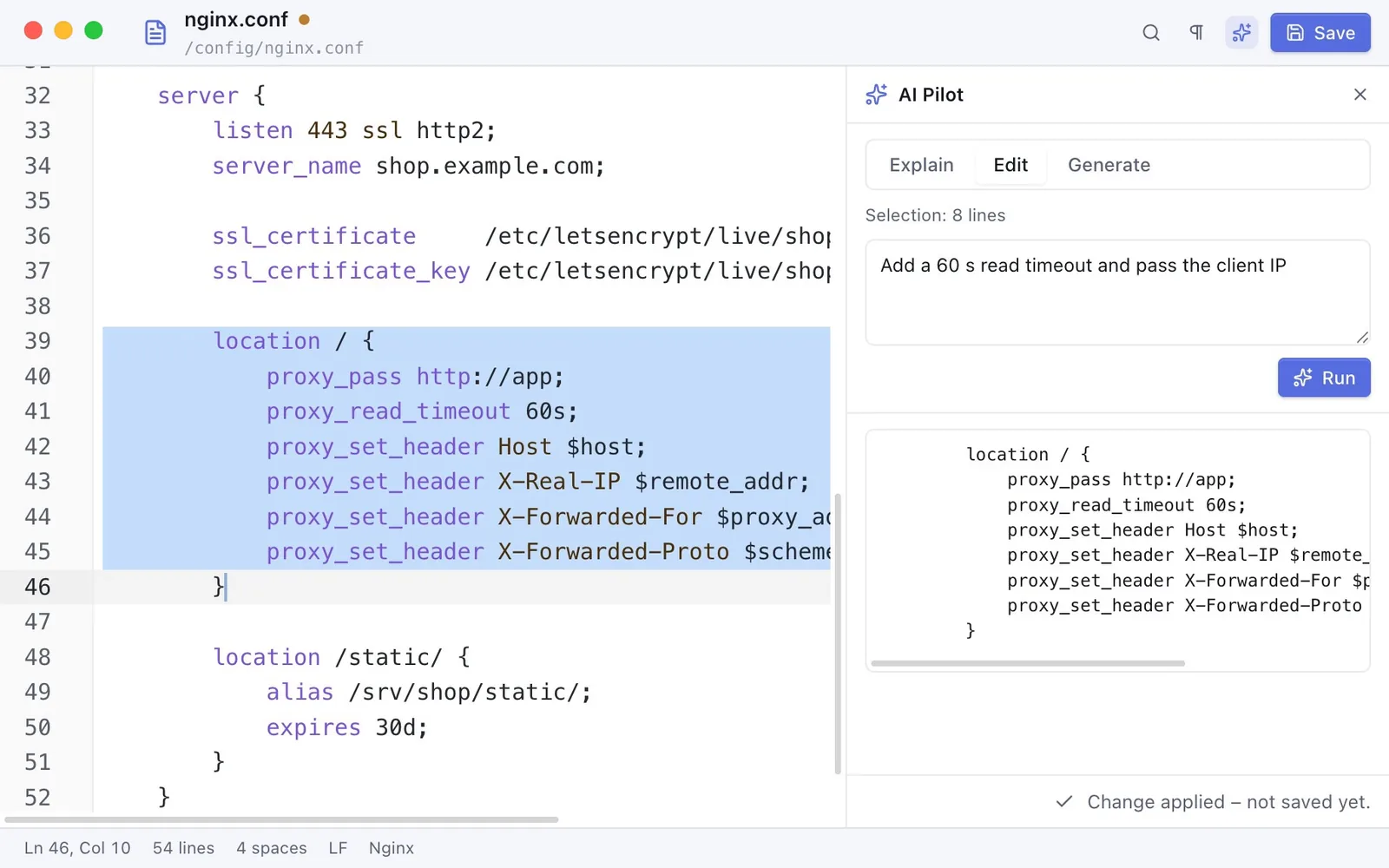 The editor window with a configuration file, syntax highlighting and the AI Pilot assistant on the right