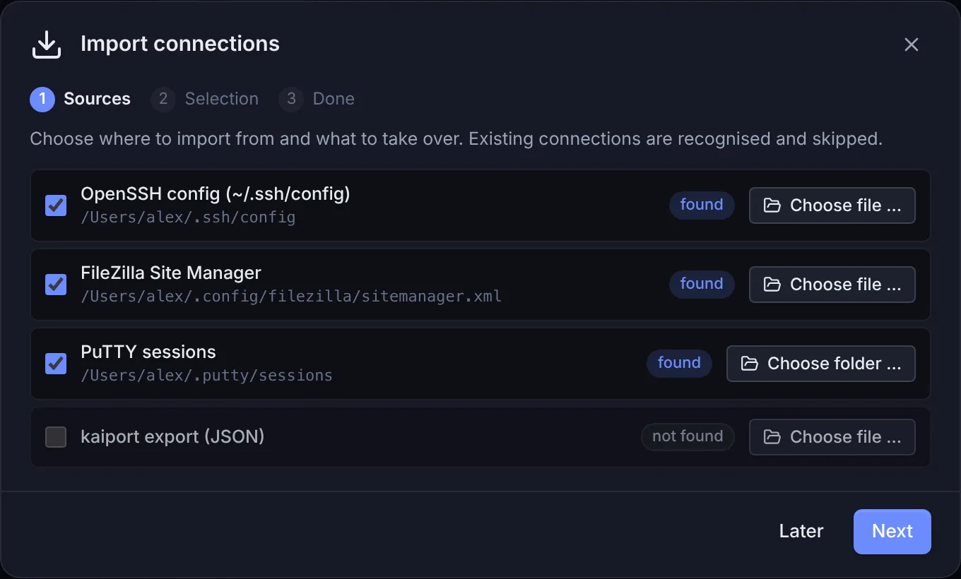 The Sources step of the import wizard: OpenSSH config, FileZilla Site Manager and PuTTY sessions found, no kaiport export