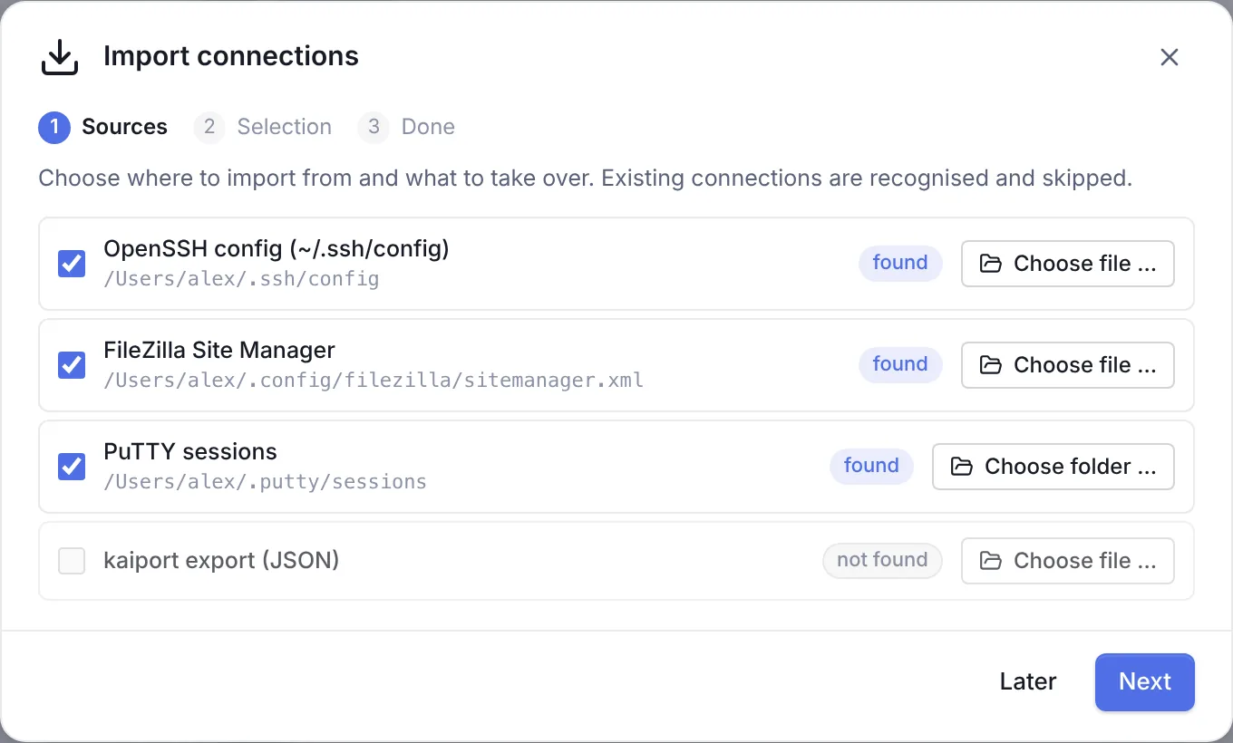 The Sources step of the import wizard: OpenSSH config, FileZilla Site Manager and PuTTY sessions found, no kaiport export