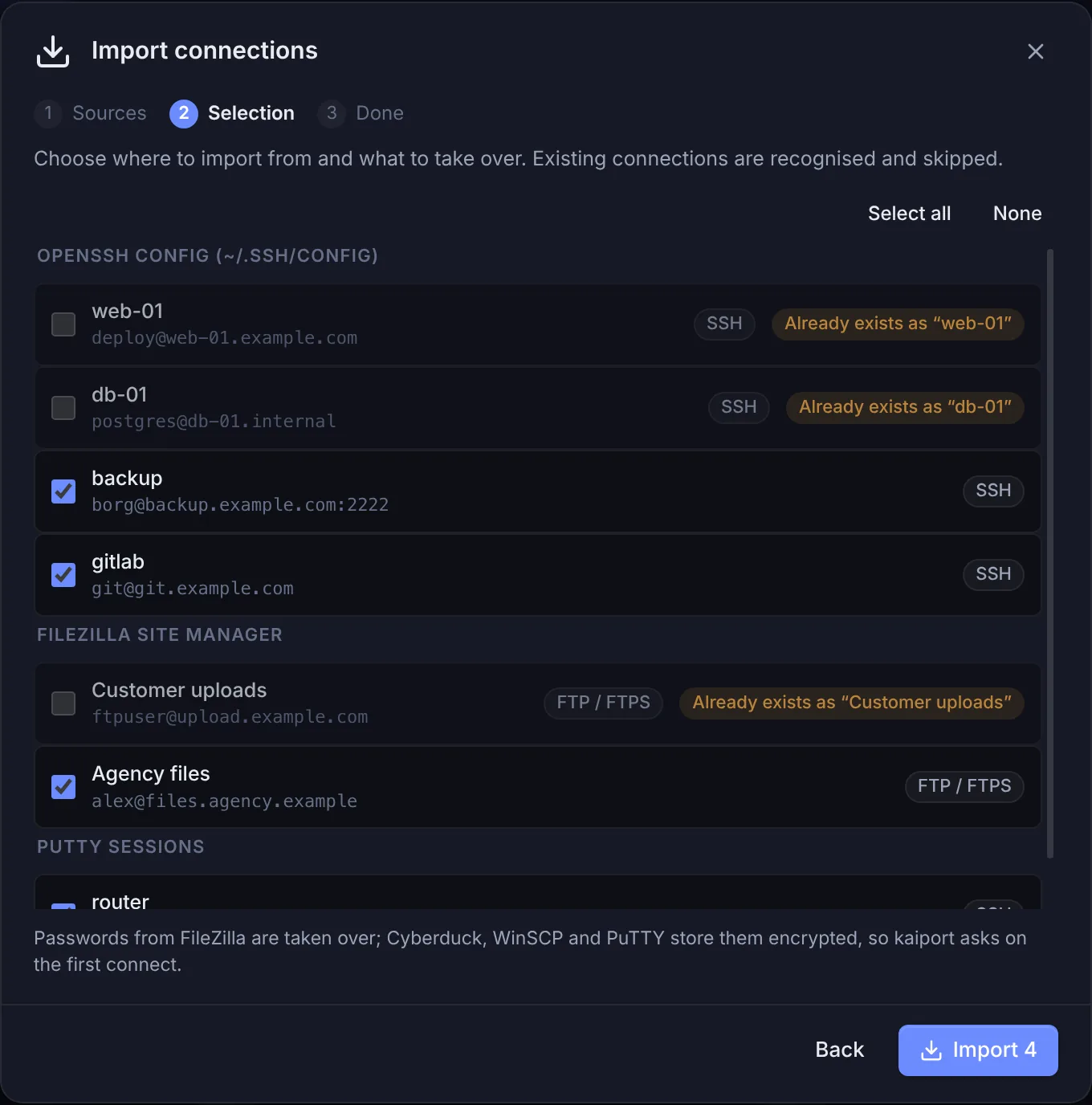 The import wizard listing connections found in other clients, with existing ones marked