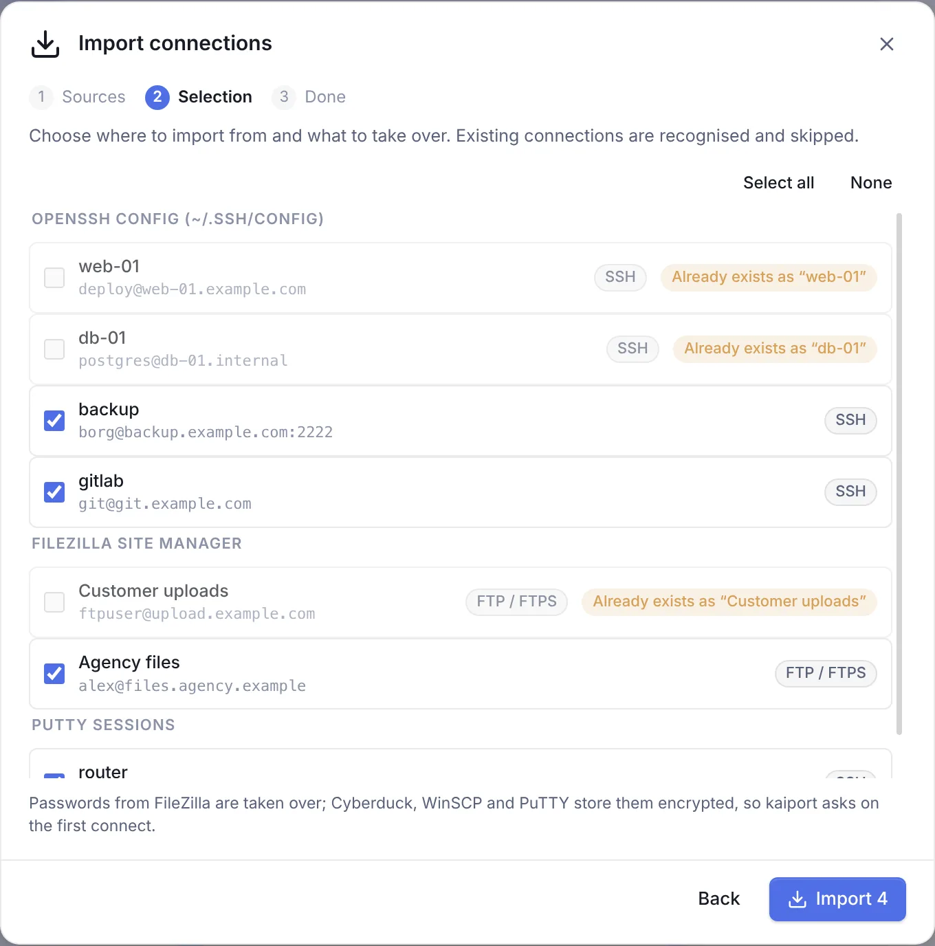 The import wizard listing connections found in other clients, with existing ones marked