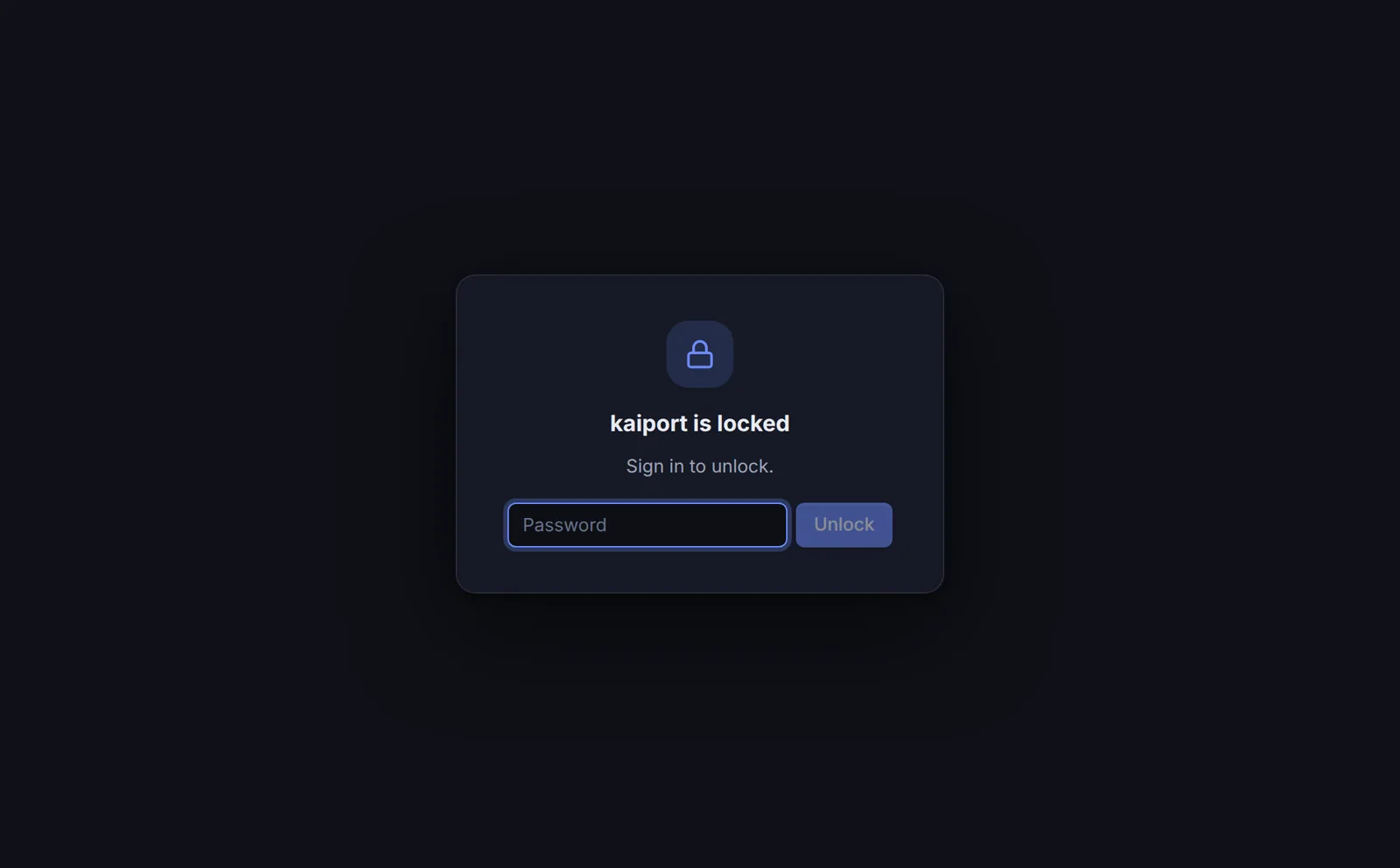 The kaiport lock screen with the password field and the Unlock button