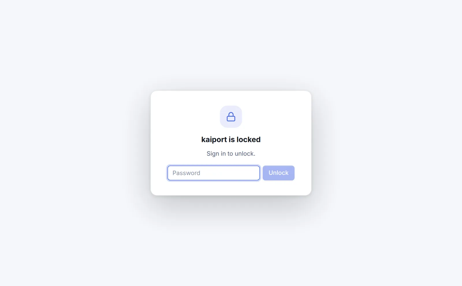 The kaiport lock screen with the password field and the Unlock button