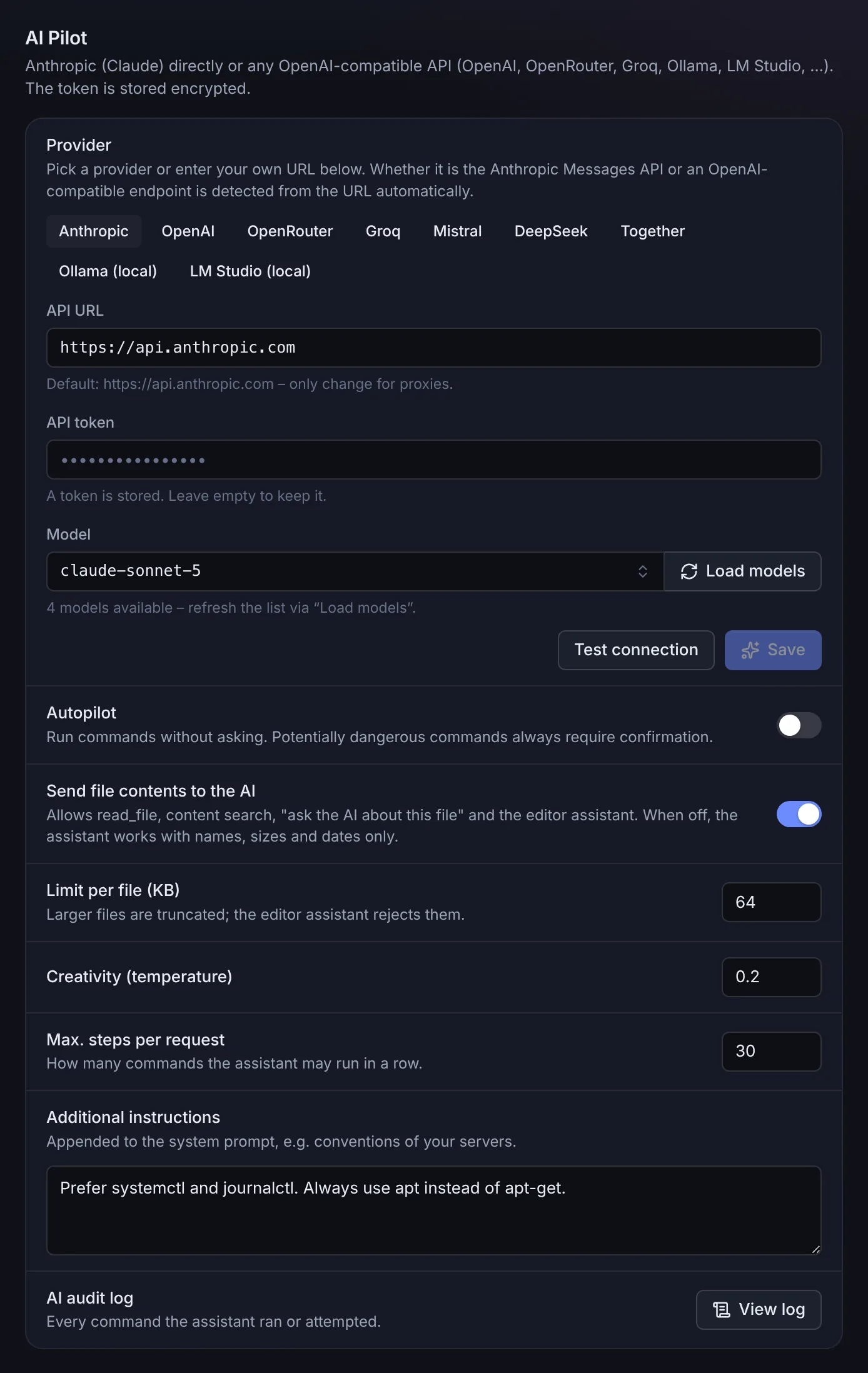 Settings with the AI Pilot section: provider buttons, API URL, API token, model and the further options