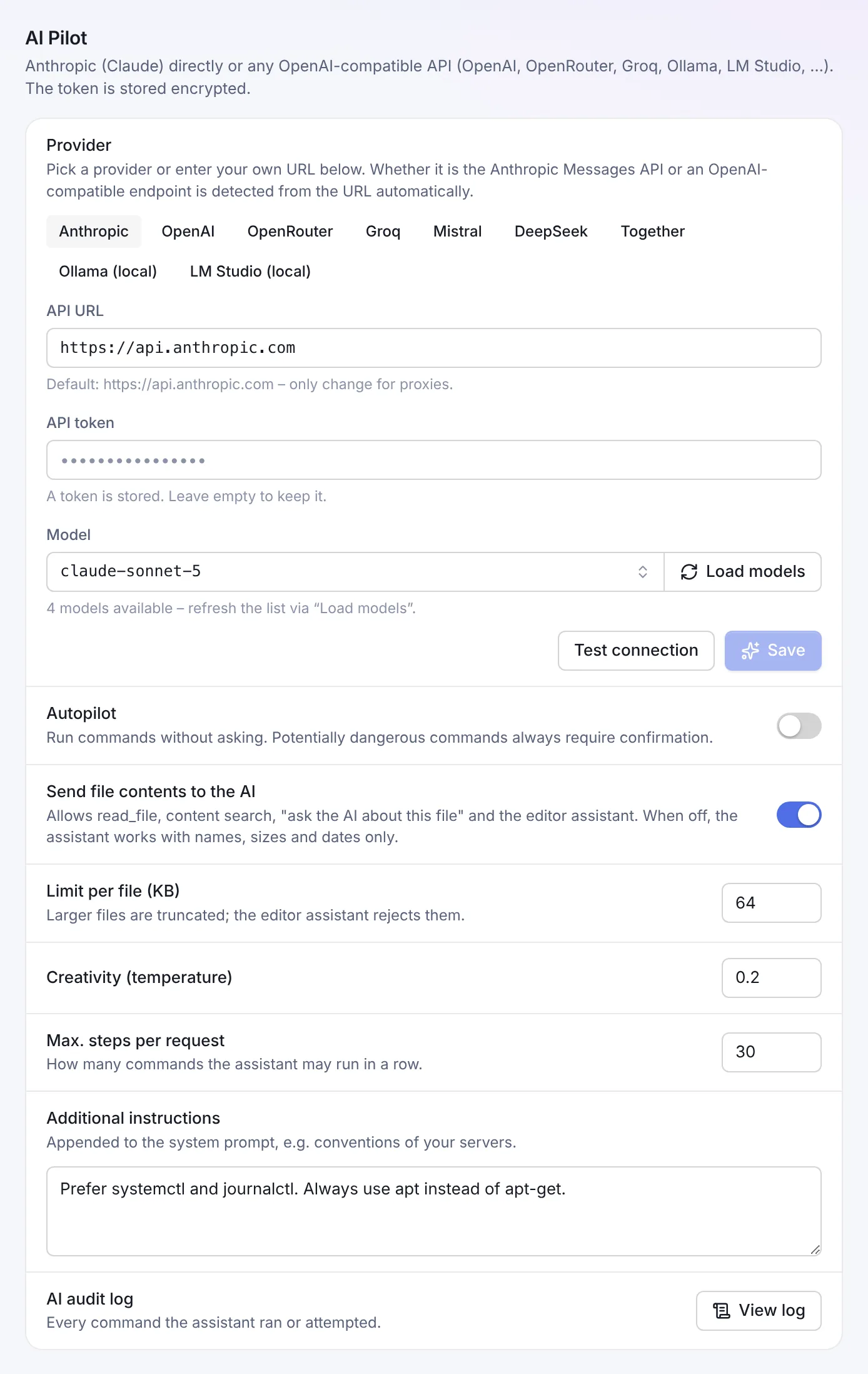Settings with the AI Pilot section: provider buttons, API URL, API token, model and the further options