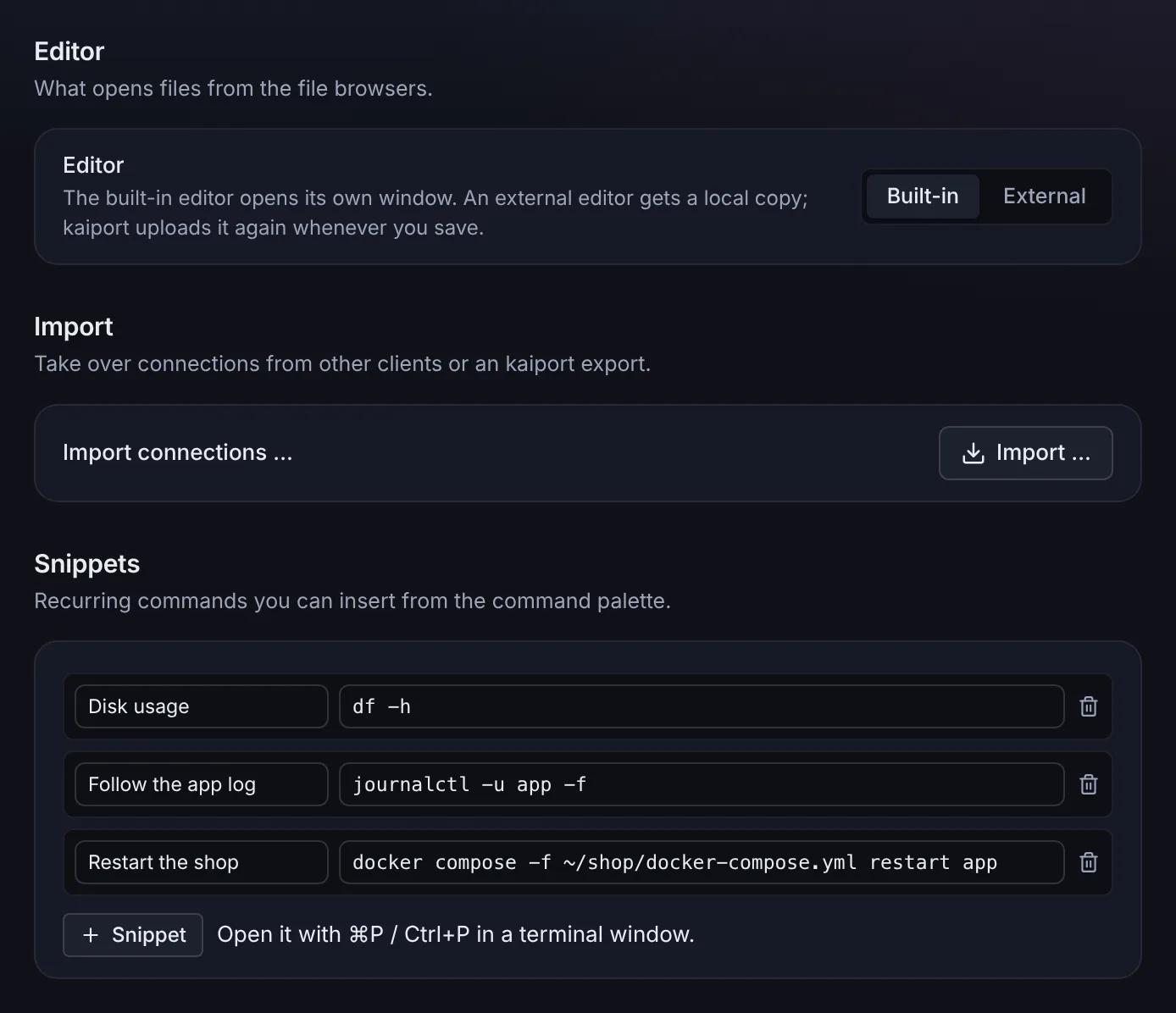 Settings with the sections Editor, Import and Snippets
