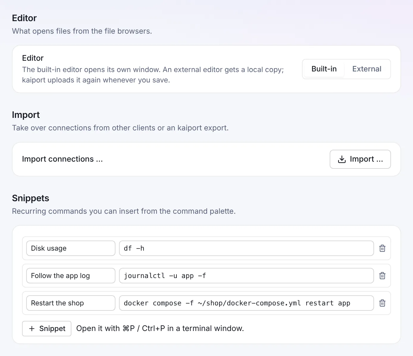 Settings with the sections Editor, Import and Snippets