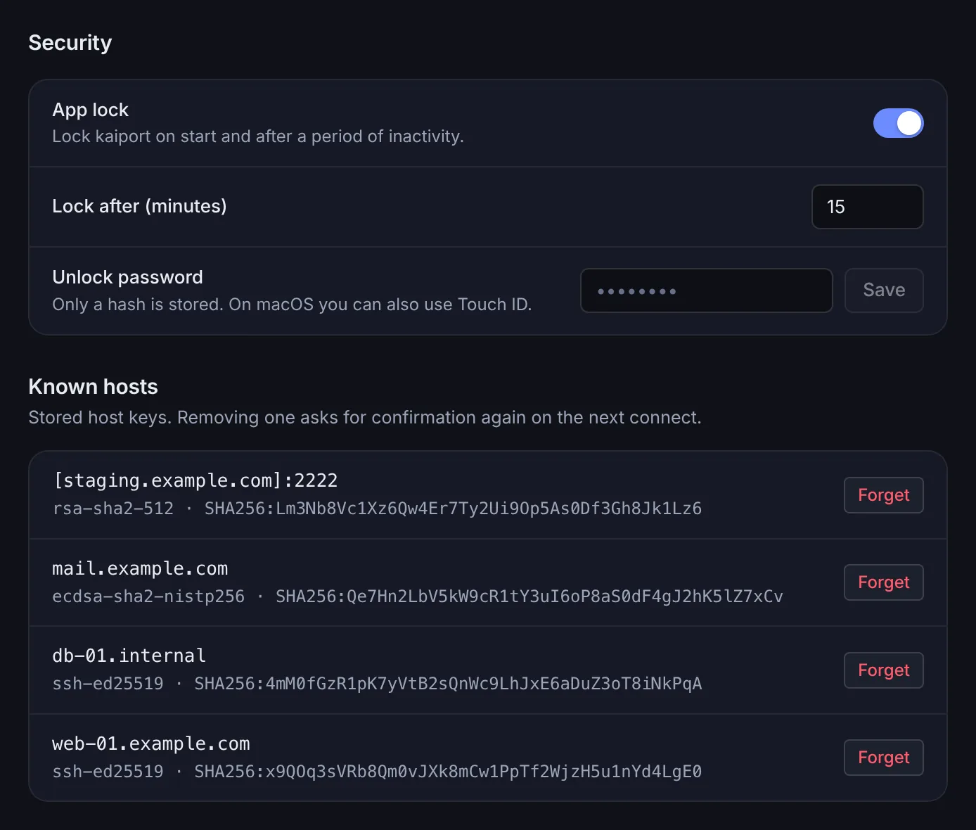 Settings with the Security section – app lock, lock time and unlock password – and the list of known hosts