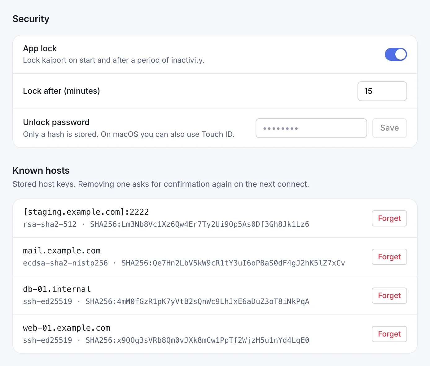 Settings with the Security section – app lock, lock time and unlock password – and the list of known hosts