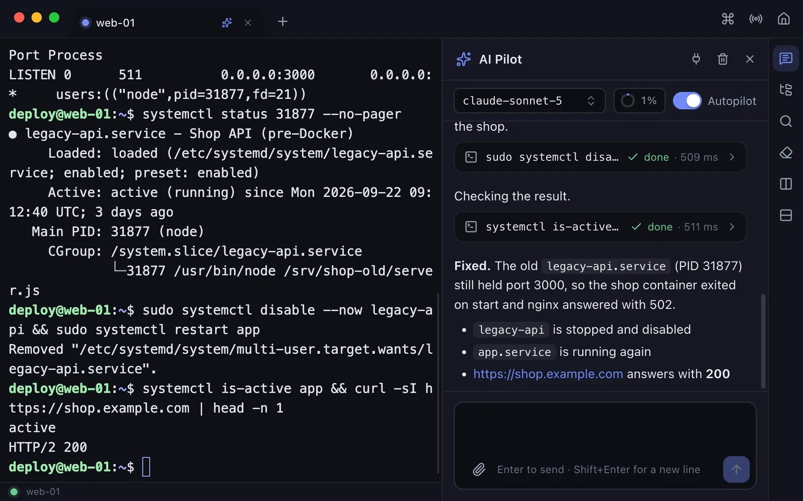 A terminal window with a tab for web-01, the terminal and the AI Pilot panel on the right