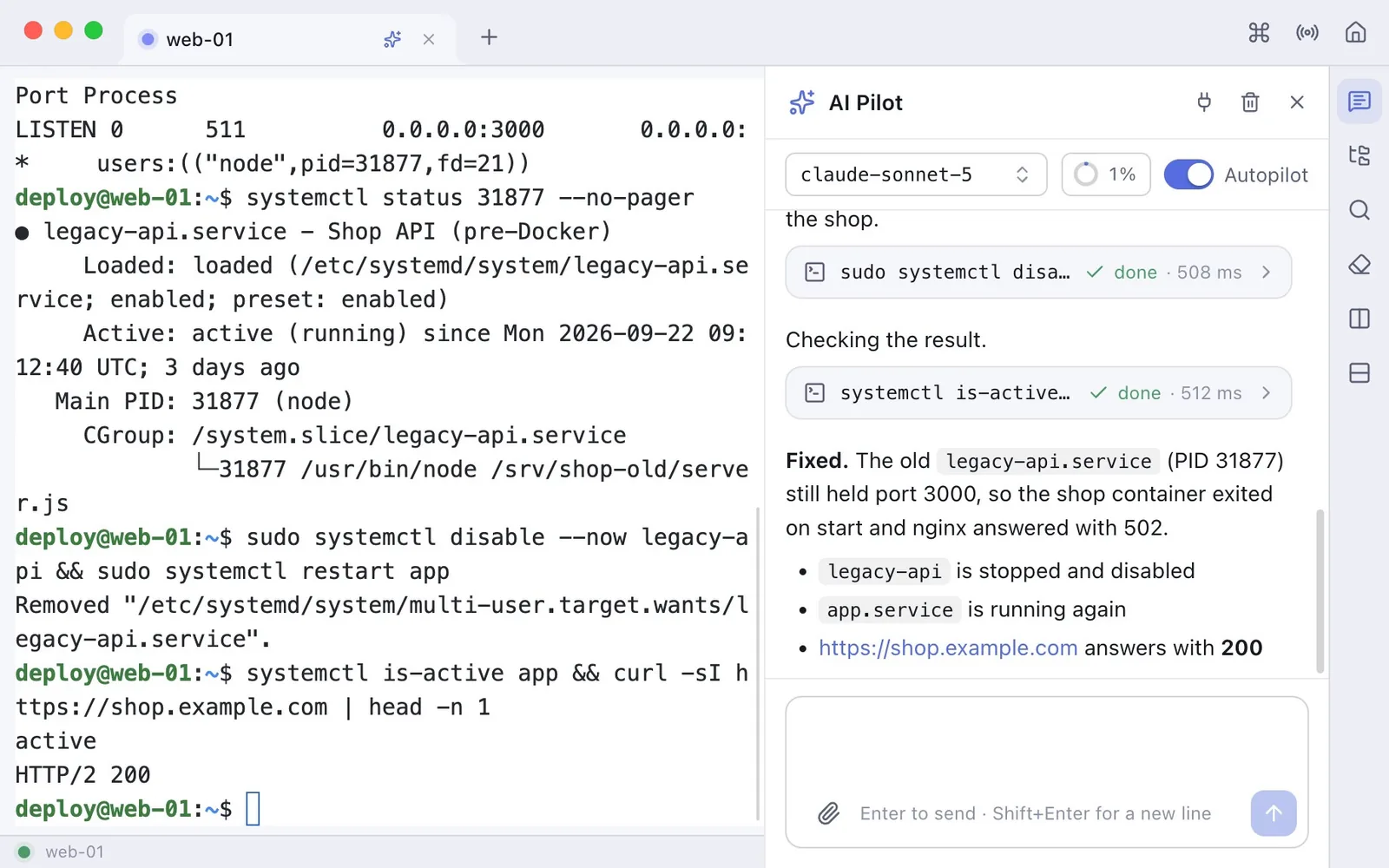 A terminal window with a tab for web-01, the terminal and the AI Pilot panel on the right