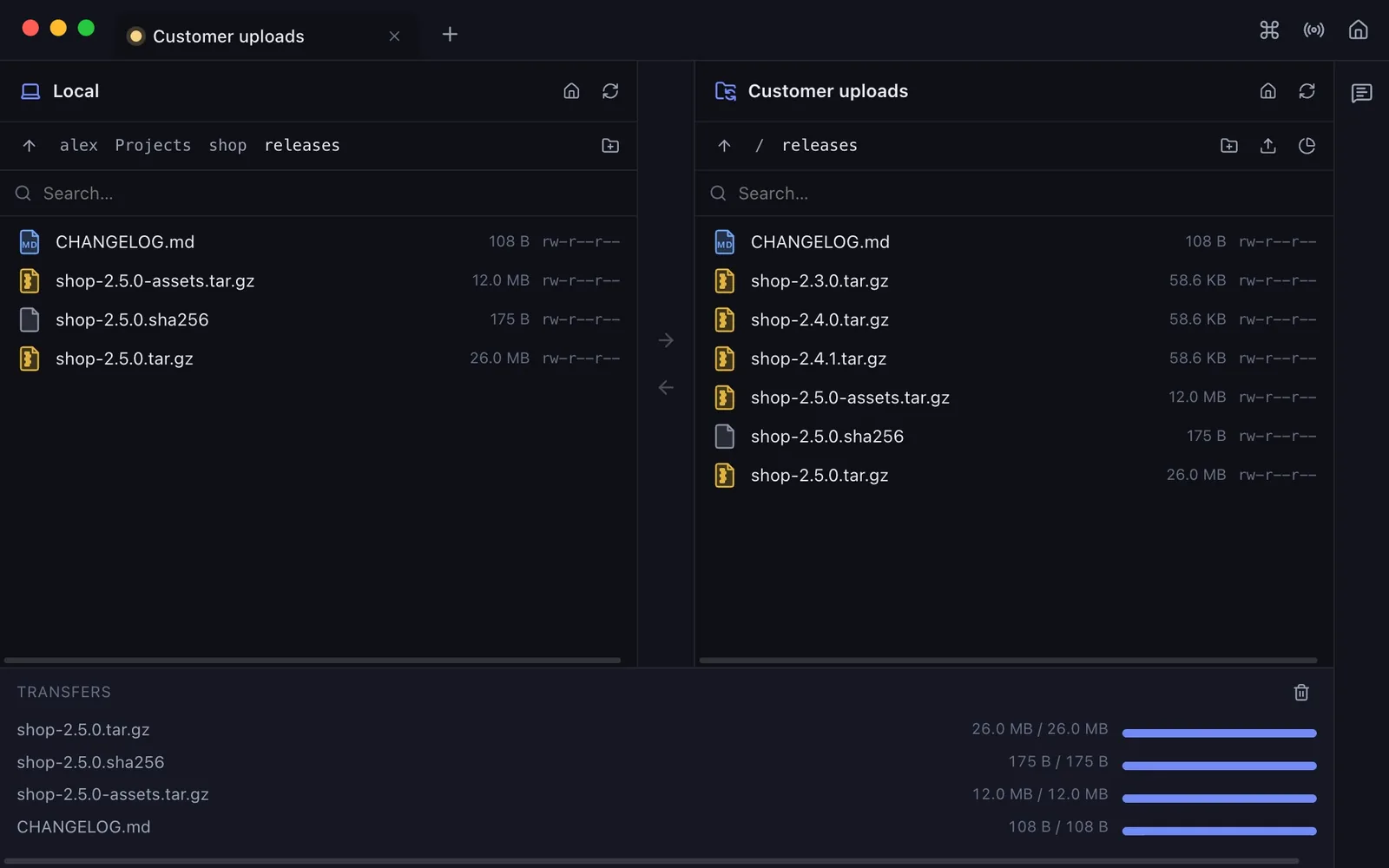 The transfer view of an FTP connection with a local project on the left, the server on the right and the transfer queue below