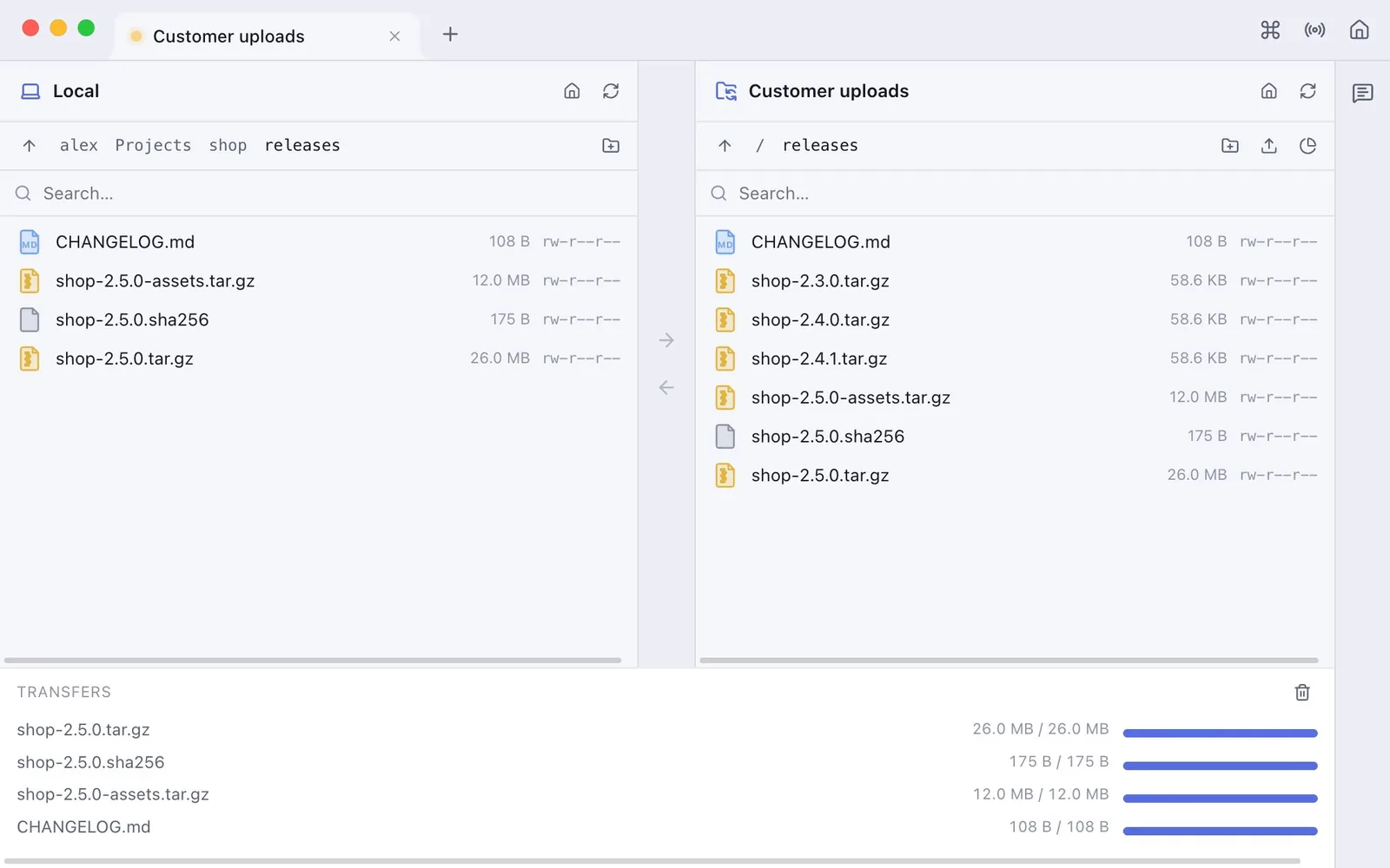 The transfer view of an FTP connection with a local project on the left, the server on the right and the transfer queue below