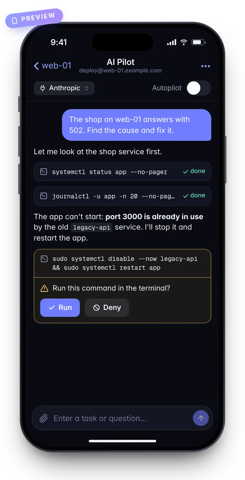 Preview of AI Pilot in the kaiport iOS app