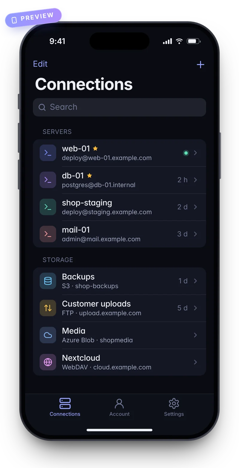 Preview of the connection list in the kaiport iOS app
