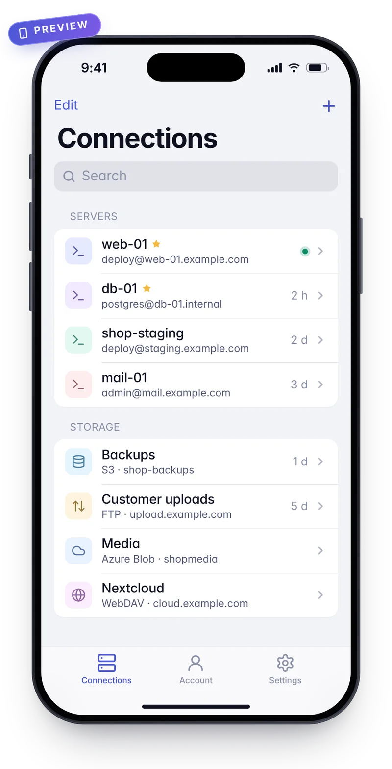 Preview of the connection list in the kaiport iOS app