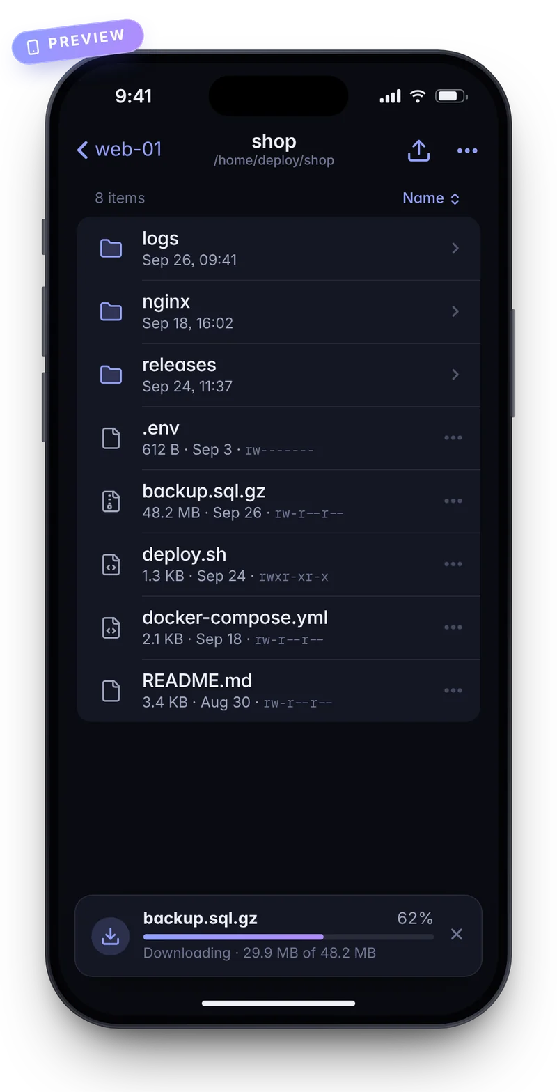 Preview of the file browser in the kaiport iOS app