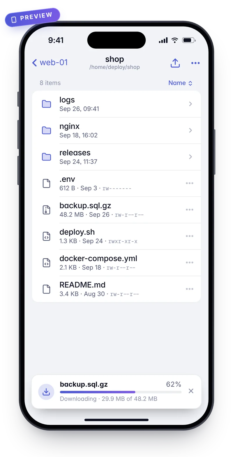 Preview of the file browser in the kaiport iOS app