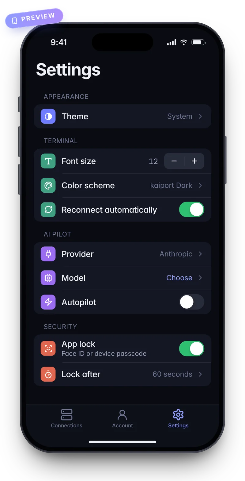 Preview of the settings in the kaiport iOS app