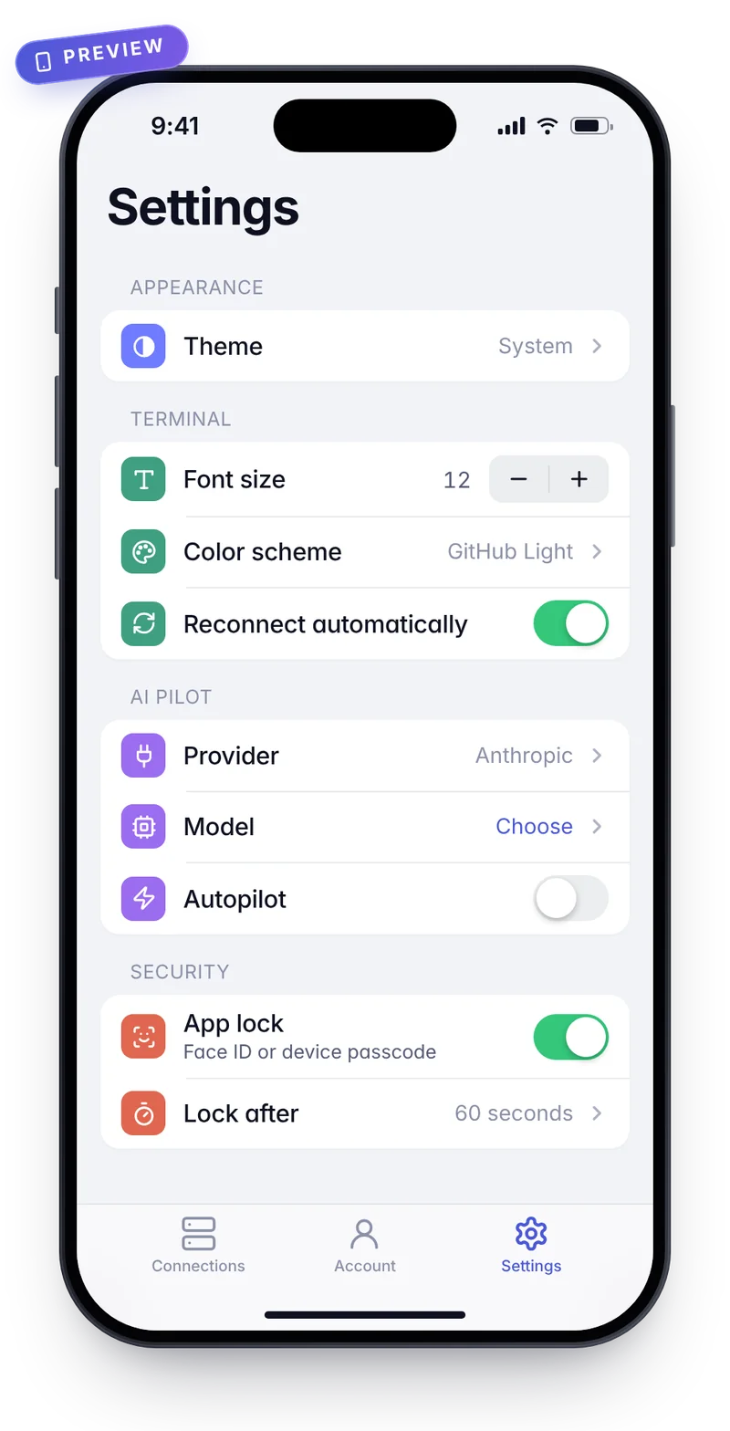 Preview of the settings in the kaiport iOS app