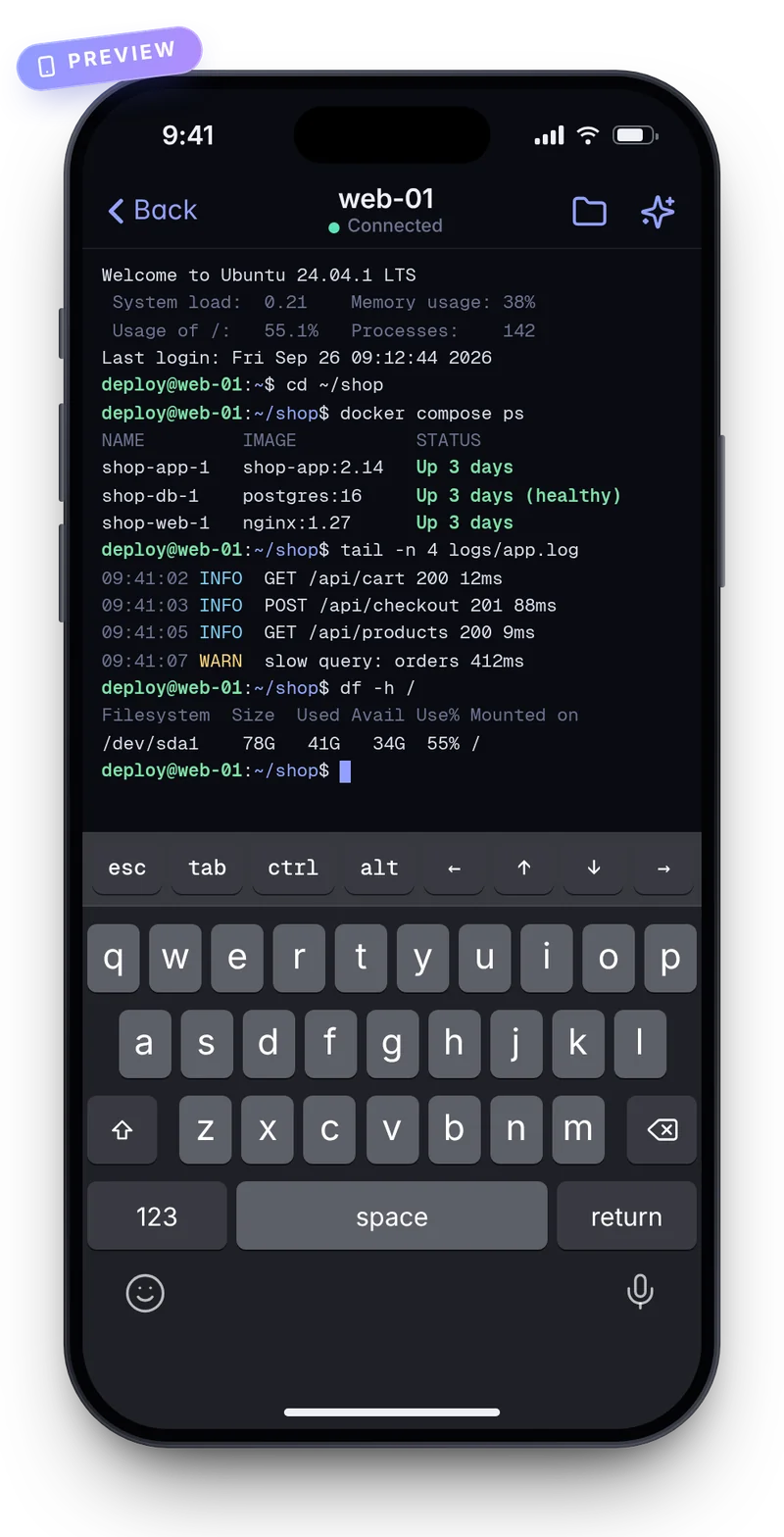 Preview of an SSH terminal in the kaiport iOS app