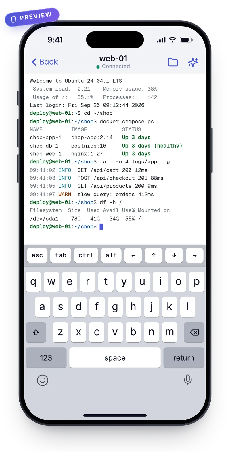 Preview of an SSH terminal in the kaiport iOS app