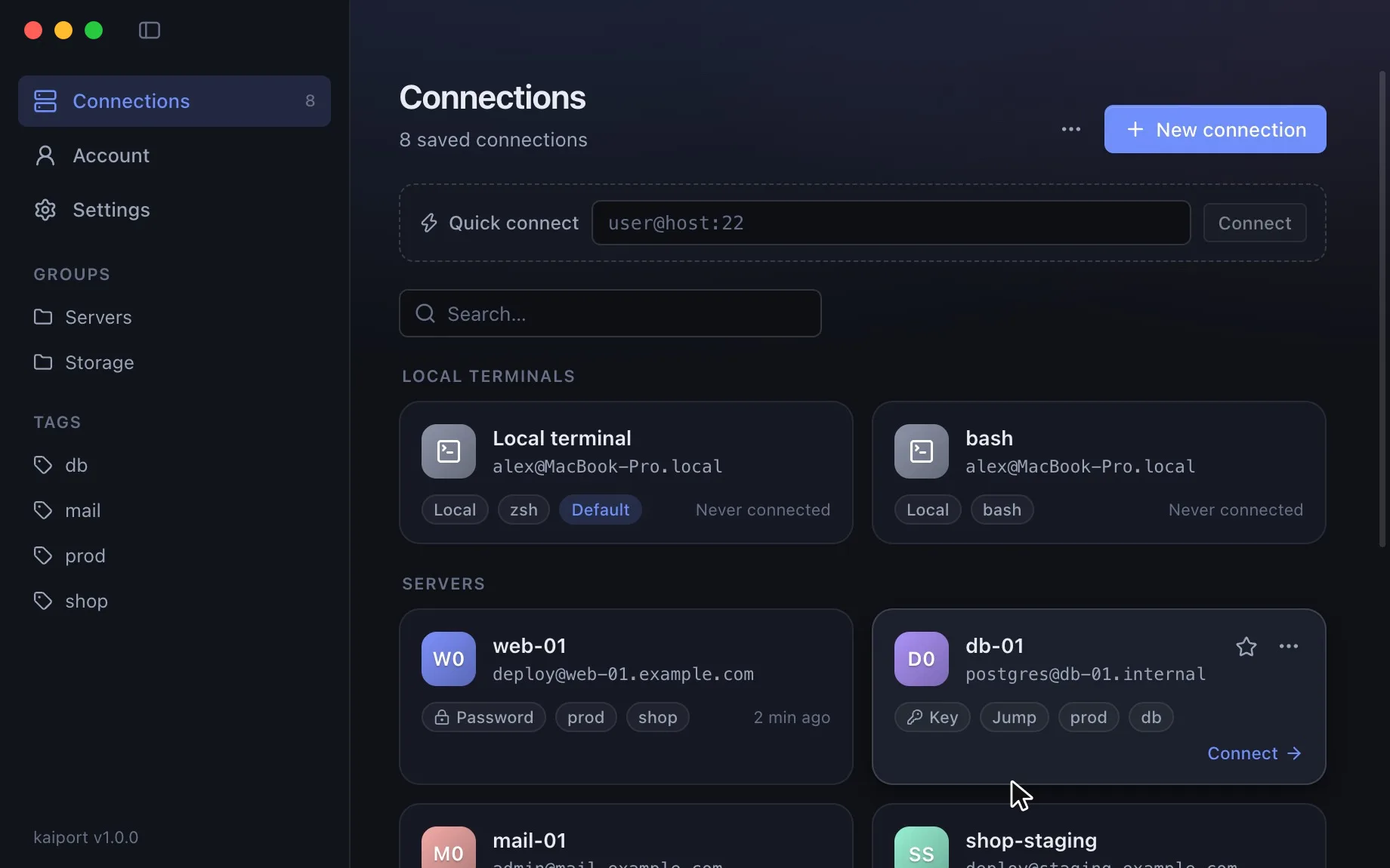 Video: connections filtered by group and search, then the connection types SSH, S3, WebDAV, Azure and FTP