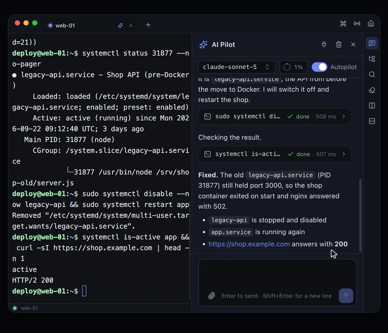 Video: in an SSH terminal the shop answers 502; AI Pilot opens, asks before the first command, then Autopilot finds and fixes the failed service