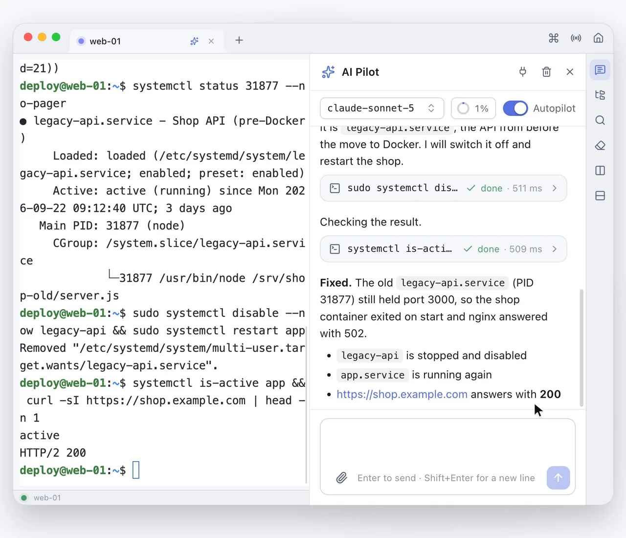 Video: in an SSH terminal the shop answers 502; AI Pilot opens, asks before the first command, then Autopilot finds and fixes the failed service