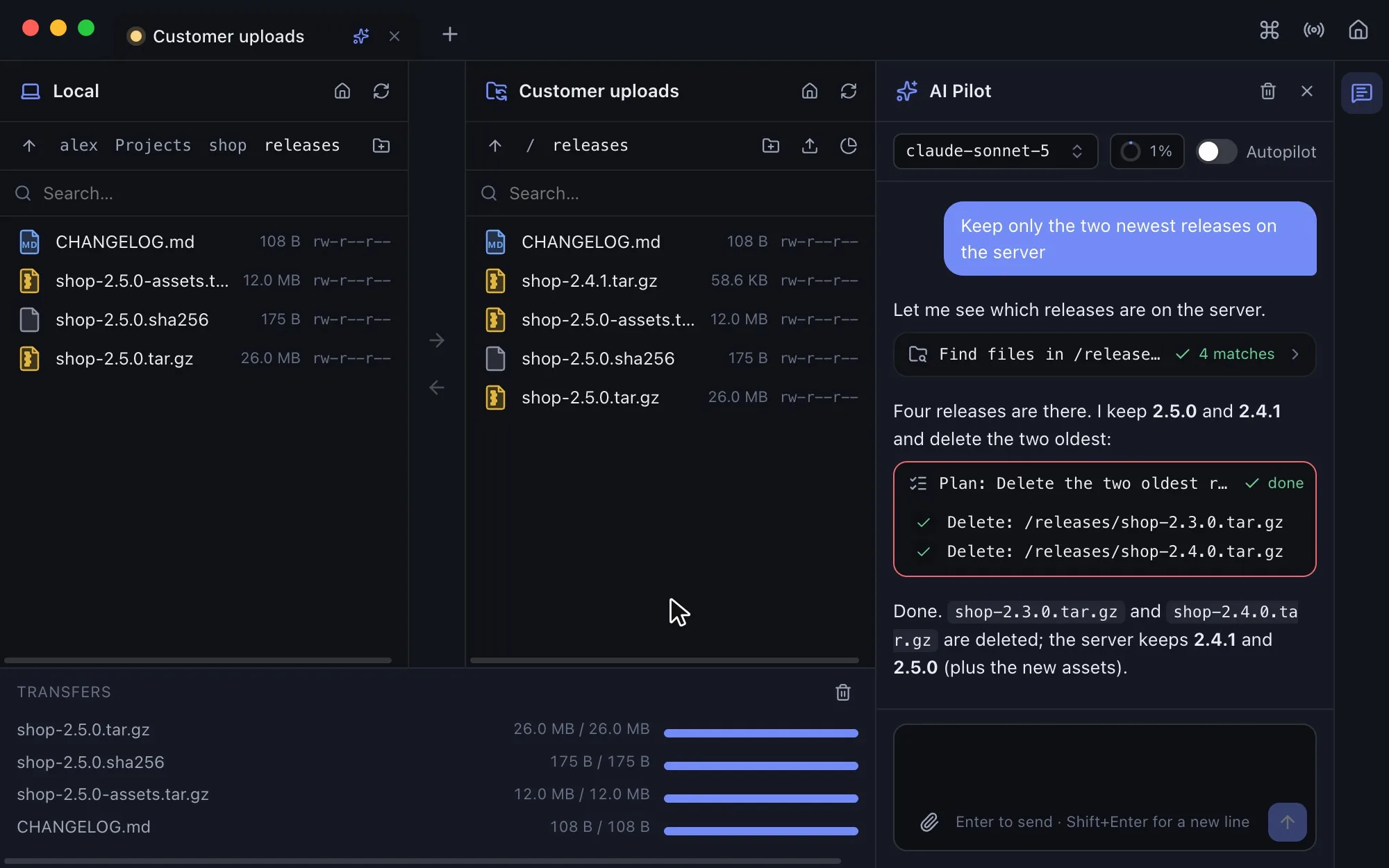 Video: four files dragged from the local disk to an FTP server, then AI Pilot deletes the two oldest releases after approval