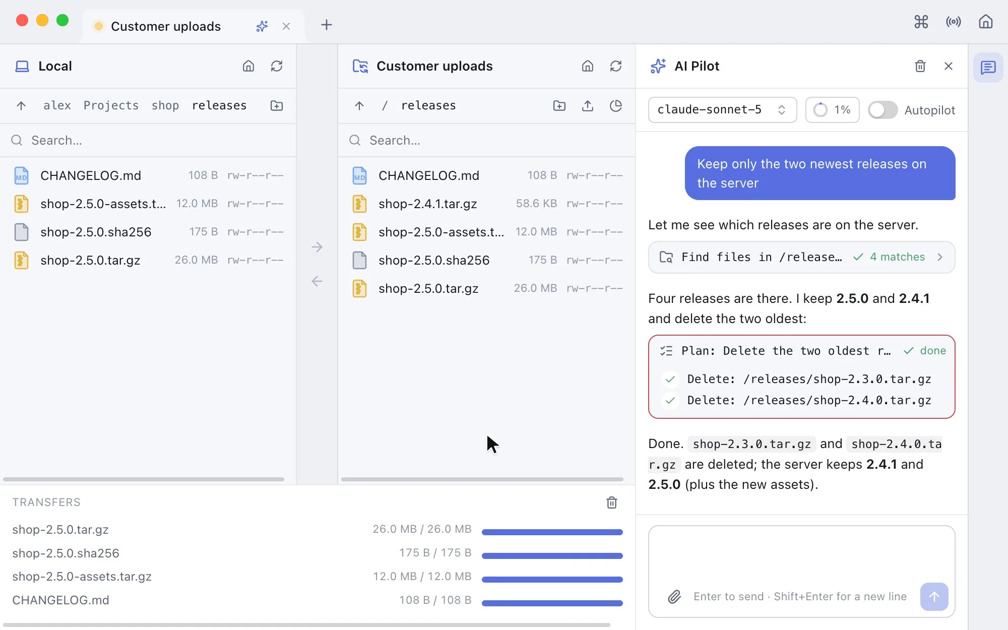 Video: four files dragged from the local disk to an FTP server, then AI Pilot deletes the two oldest releases after approval
